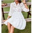 thumbnail image 3 of utcoco Women's 2026 Eyelet Lace Midi Dress V Neck Puff 3/4 Sleeve Button Tiered Sexy A Line Sun Dress, 3 of 5
