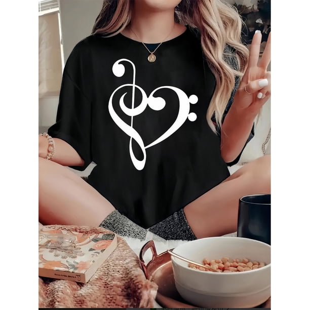 Camiseta de mujer de verano con Cuello RedondoMusic Note Heart Pattern Print Women'S Fashion T-Shirt, Casual Crew Neck Short Sleeve Top, Comfortable Polyester Knit Fabric with Medium Stretch, Geomet