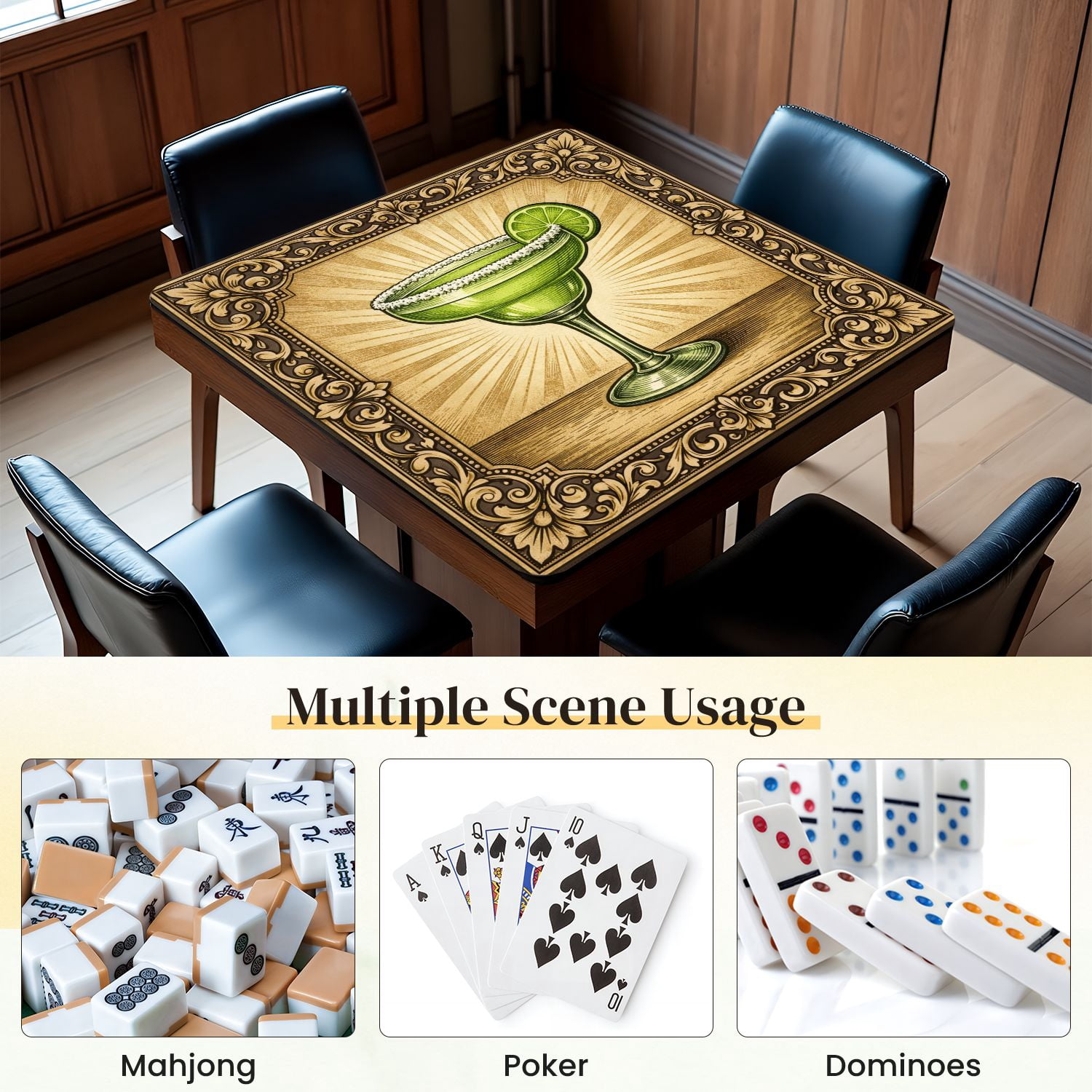 Mahjong Mat 31.5" x 31.5" Green Margarita Cocktail Lime Slice Salted Rim Vintage Style Non-Slip Noise Reduction Mahjong Tiles Table Cover for Dominoes Poker Card Board and Tile Games