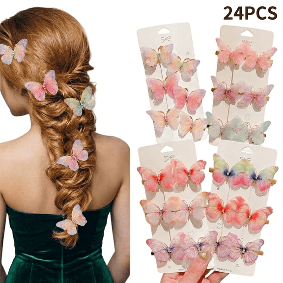 ROSEXIXI 24Pcs Butterfly Hair Clips, Assorted Stylish 3D Double Layer Chiffon Barrettes, Sparkle Rhinestone Flower Hair Accessories for Women Girls Party Birthday Daily Styling