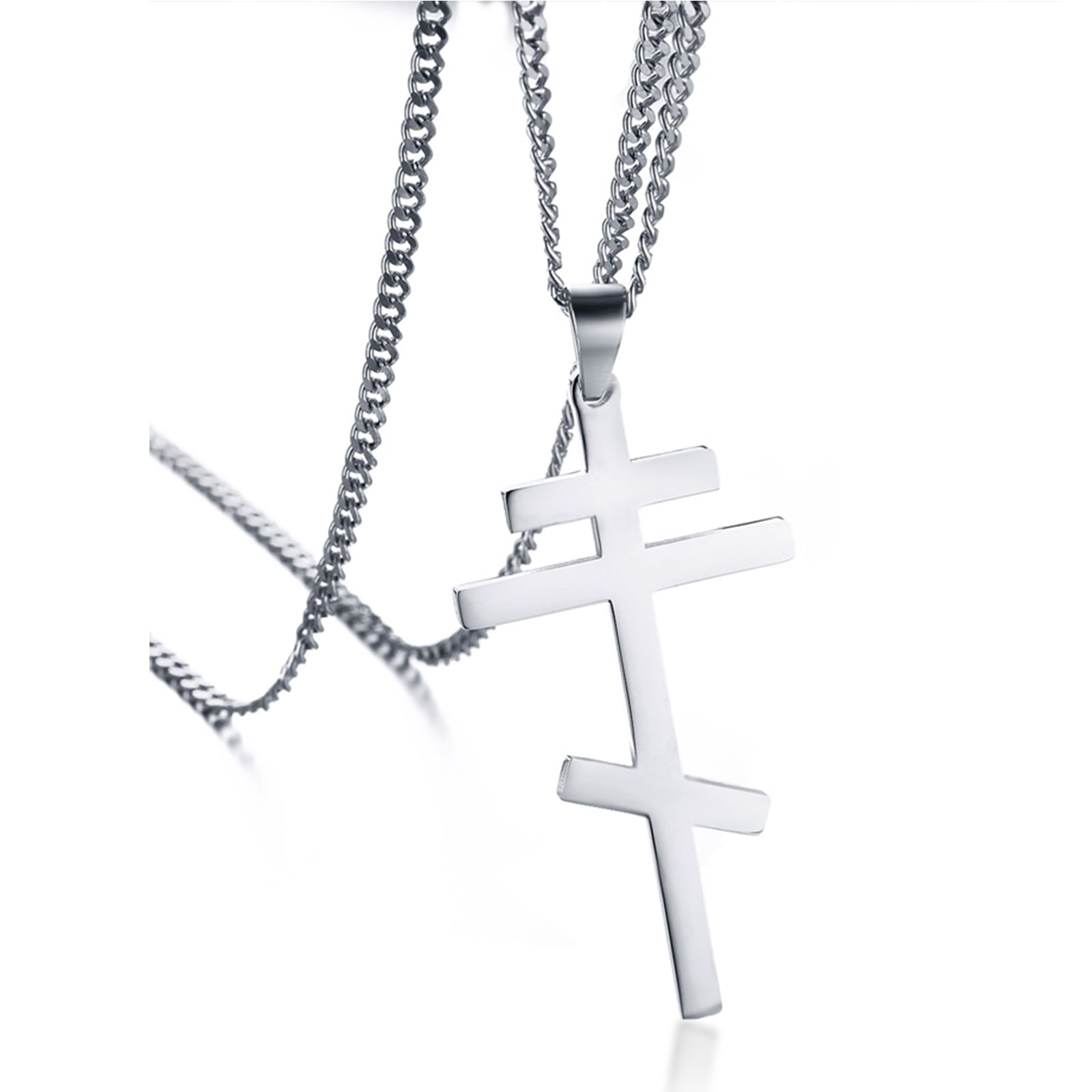 Cross Necklace for Men, Stainless Steel Religious Russian Jewelry Gifts for Him, 24 Inches, Silver