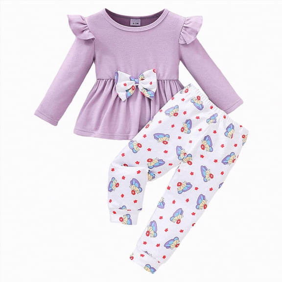 mgoYE Baby Girl Outfits 0-3 Months Toddler Girl Outfits Infant Girl Summer Clothes for Girl Ruffle Shirt Pants(Purple,9-12 Months)