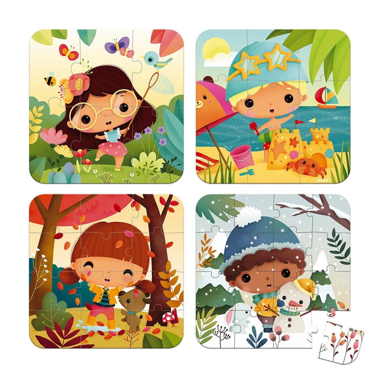 Janod • Puzzle Progressif 4 Saisons à 4 Niveaux de Difficulté • 6, 9, 12, 16 Pièces • Puzzle en Carton de 20 x 20 cm • Jouet Éducatif Cadeau pour Enfants Garçons et Filles de 3 à 5 Ans • J02658