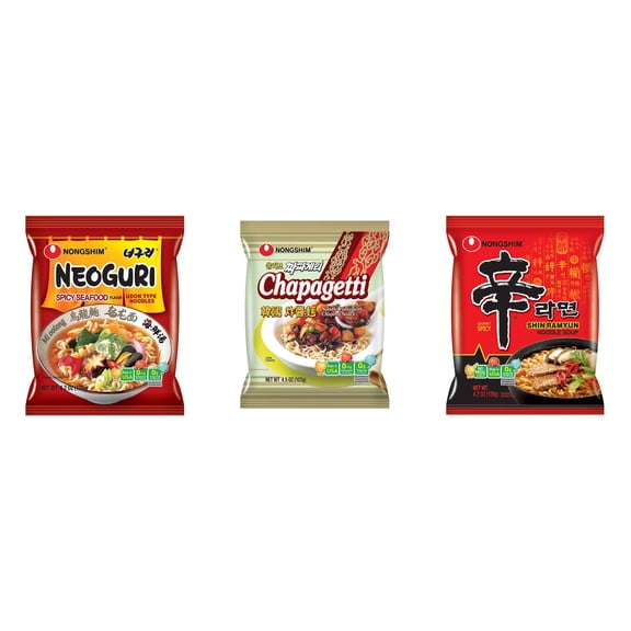 3 Pack Korean NongShim Gourmet Spicy Shin Instant Ramen Noodle, 3 Flavors(Neoguri,chapagetti,shin red) Plus NineChef Brand Long Handle Coffee Spoon