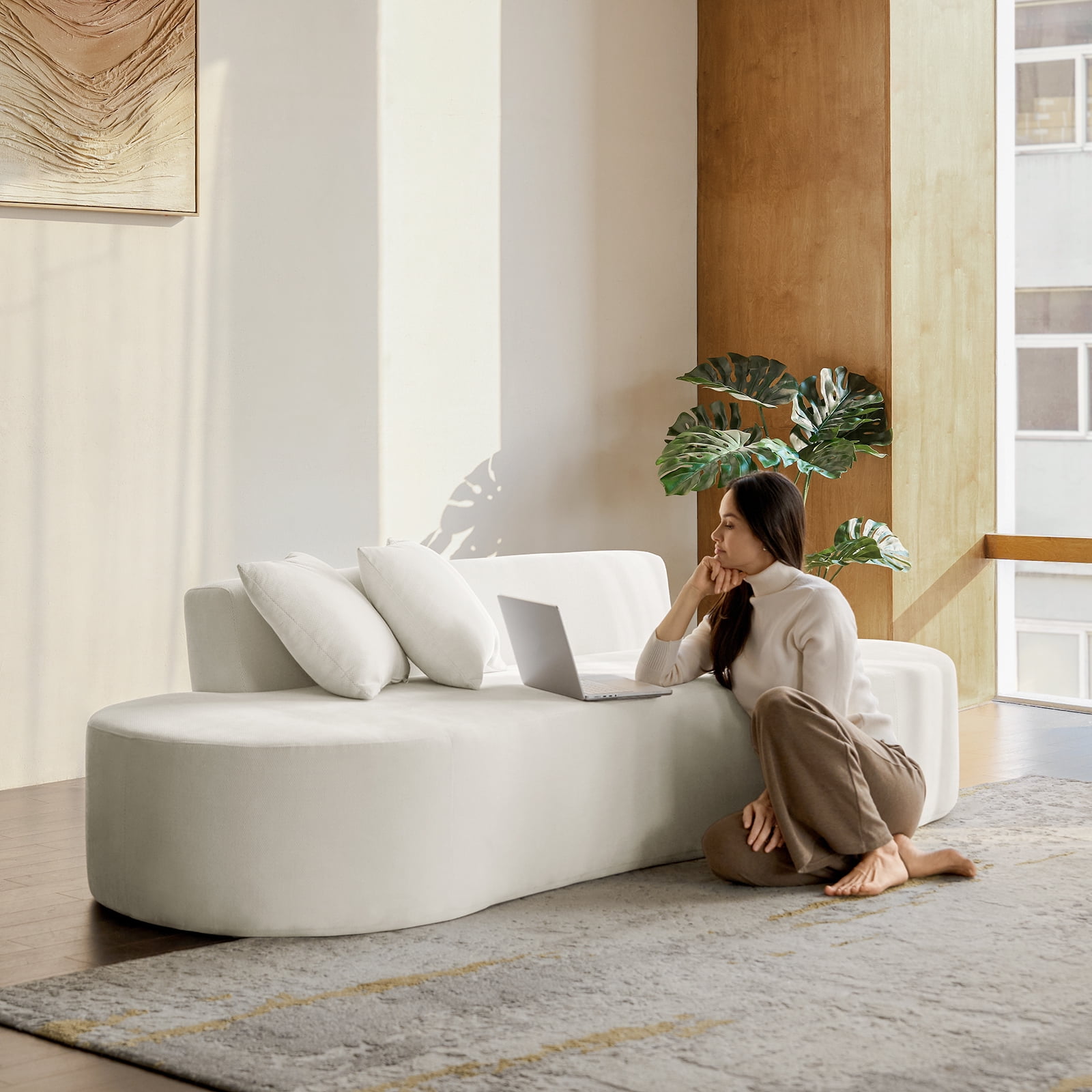 Tina's Home Modern Minimalist 3-Seater Cream Sofa for Adult Living Room Couch with Curved Design No Assembly Required