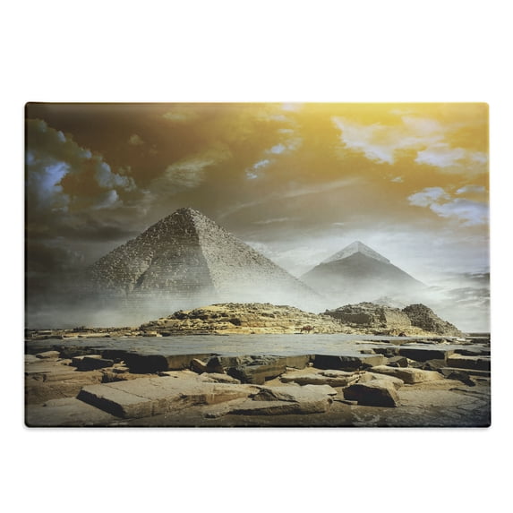 Egyptian Print Cutting Board, Storm Clouds over Pyramids Photo of Culture Eastern Art, Decorative Tempered Glass Cutting and Serving Board, Large Size, Cream Orange, by Ambesonne