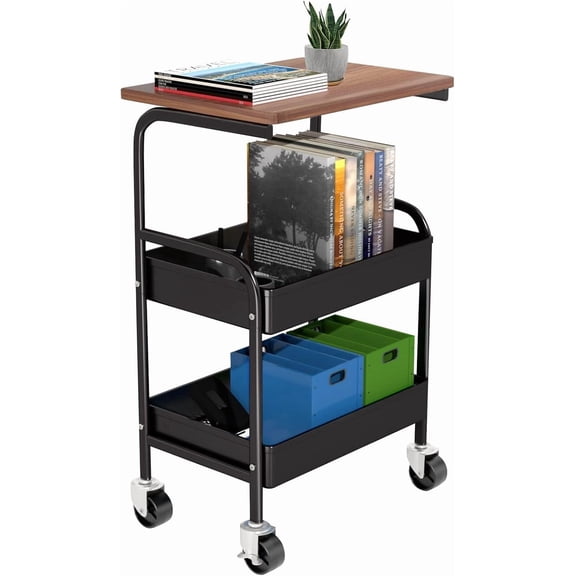 Rolling Cart with Wooden Tabletop, 3 Tier Metal Utility Cart, Rolling Storage Organizer Cart with Lockable Wheels for Kitchen, Office, Bedroom (Black)