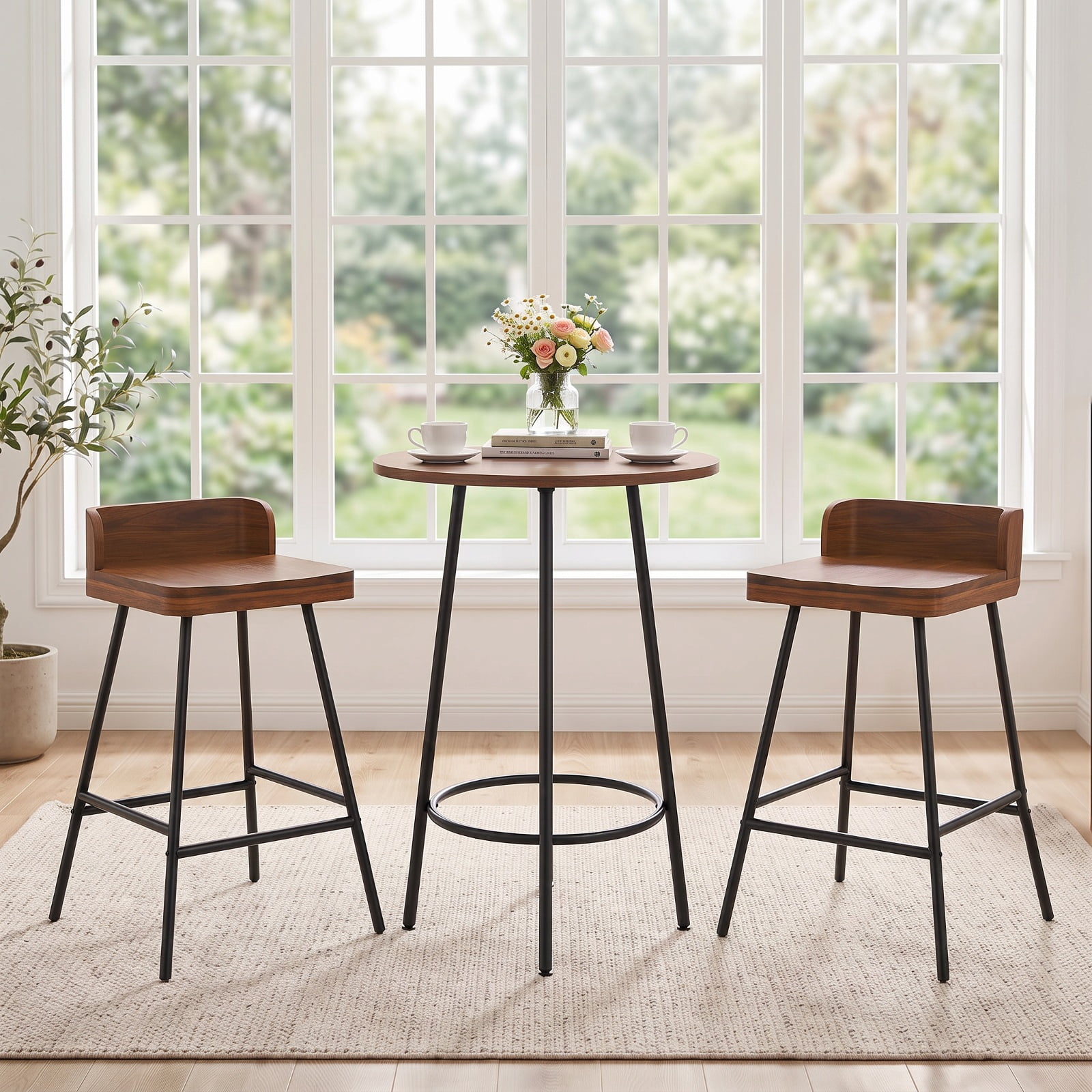 Furnibear Set of 2 Counter Height Bar Stool with Low Back Metal Legs and Footrest for Kitchen Island for Kitchen Island Counter Bar Pub Dining, Brown