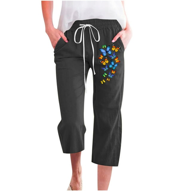 VEKDONE Pantalon Capri pour Femmes en Coton et Lin Imprimé Capri Noir TTTG