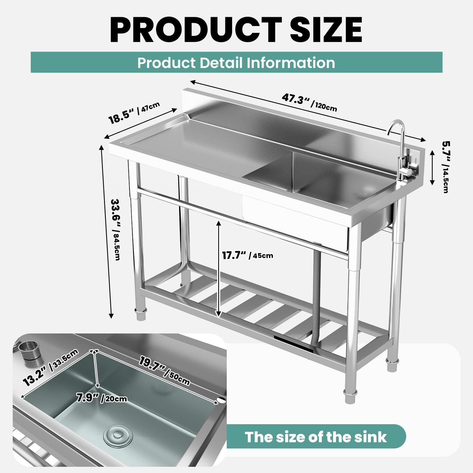 304 Stainless Steel Commercial Sink with Drainboard, 47.3" Freestanding Utility Sink with 360° Swivel Faucet, Heavy-Duty Workstation Sink for Restaurant, Garage, Laundry, Kitchen
