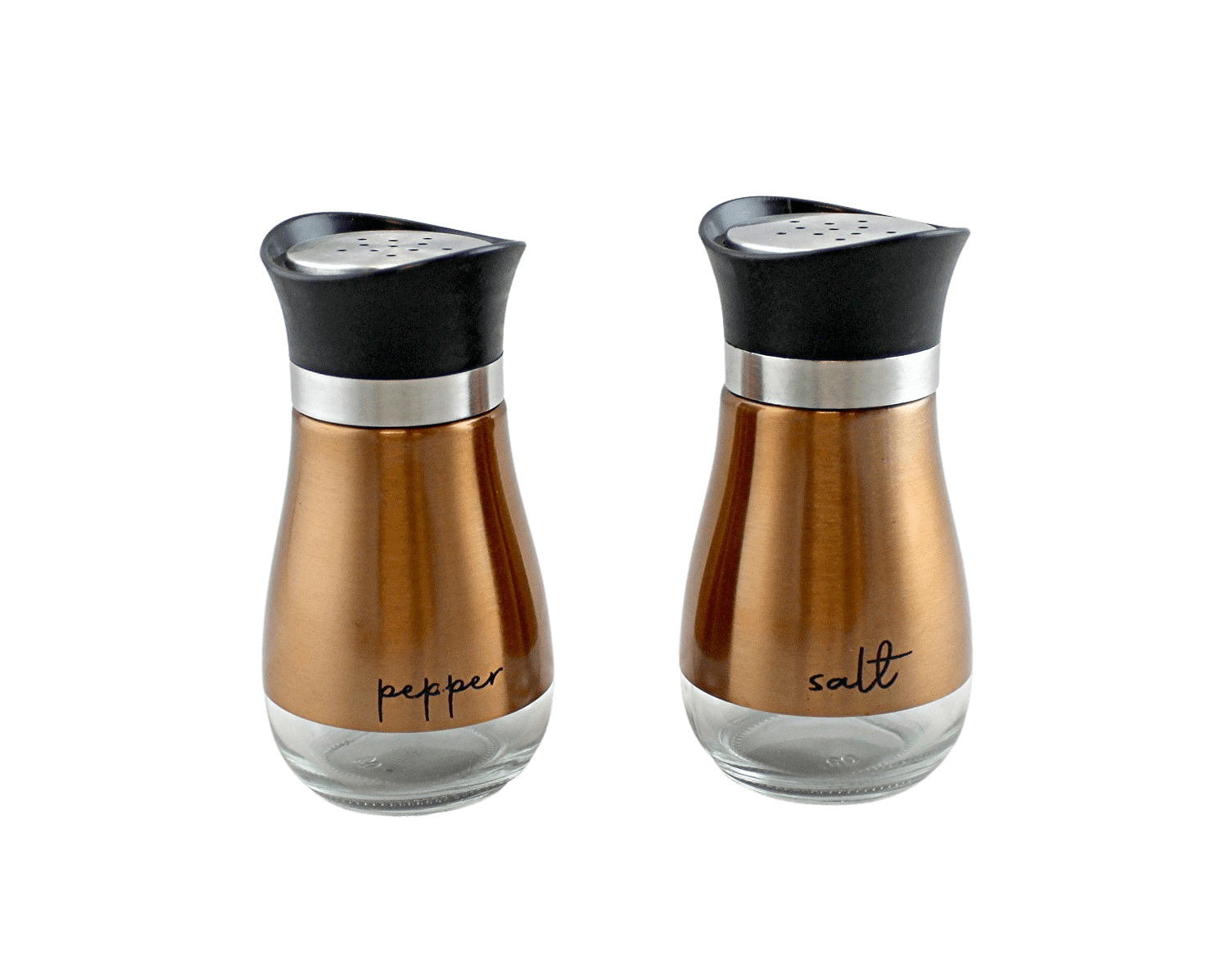 Dependable Industries Salt and Pepper Shaker Set Bronze Color Stainless Steel & Glass BPA Free Easy Grip Shape (4.5 Oz)