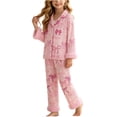 thumbnail image 6 of ITSAME Girls Outfit Set Bow Print Lapel Button Up Top and Pants 2-Piece Fall Winter Comfy Sleepwear Pink Size 8, 6 of 9