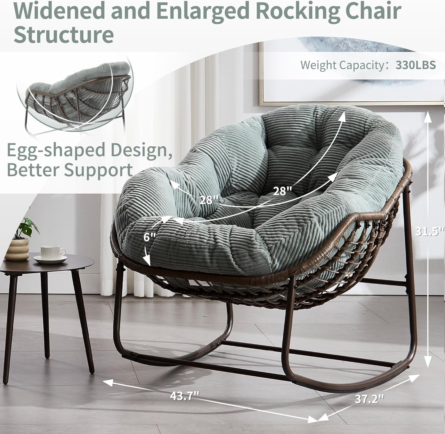 MOONMISS Outdoor Patio Rattan Oversized Rocking Chairs Set of 2 with Corduroy Padded Cushion-Mint Green