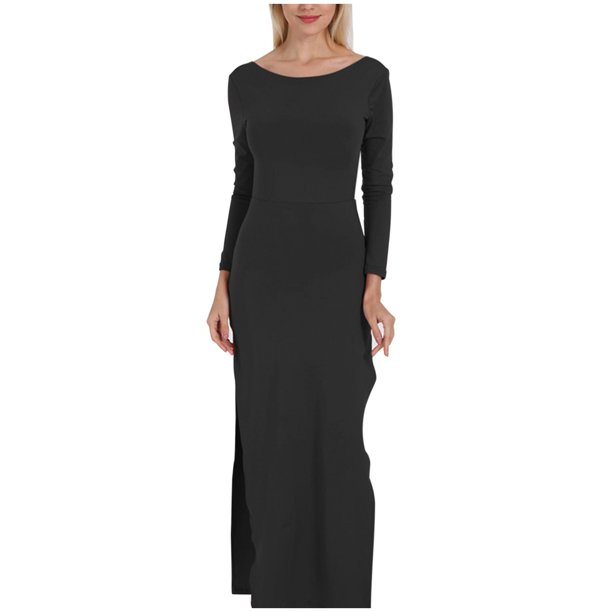 Gibobby Vestidos de fiesta elegantes Vestido largo sin espalda Sexy con abertura en el cuello redondo de manga larga de Color sólido de otoño e invierno para mujer(Negro,CH)