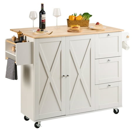 SKYSHALO Rolling Kitchen Storage Cart with Towel Rack and Leaf Board Wood White