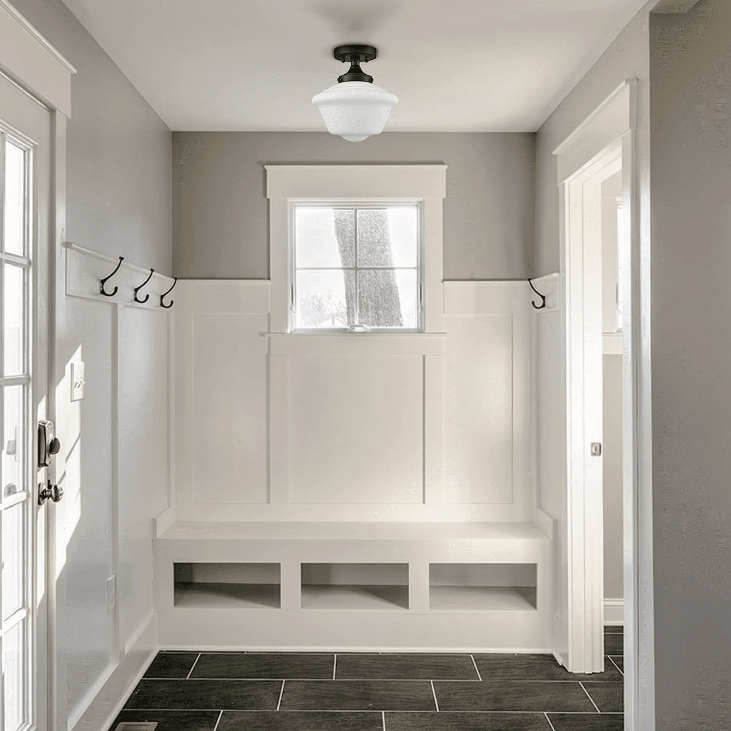 Modern Black Semi Flush Mount Ceiling Light Schoolhouse Light Fixture Milk Glass