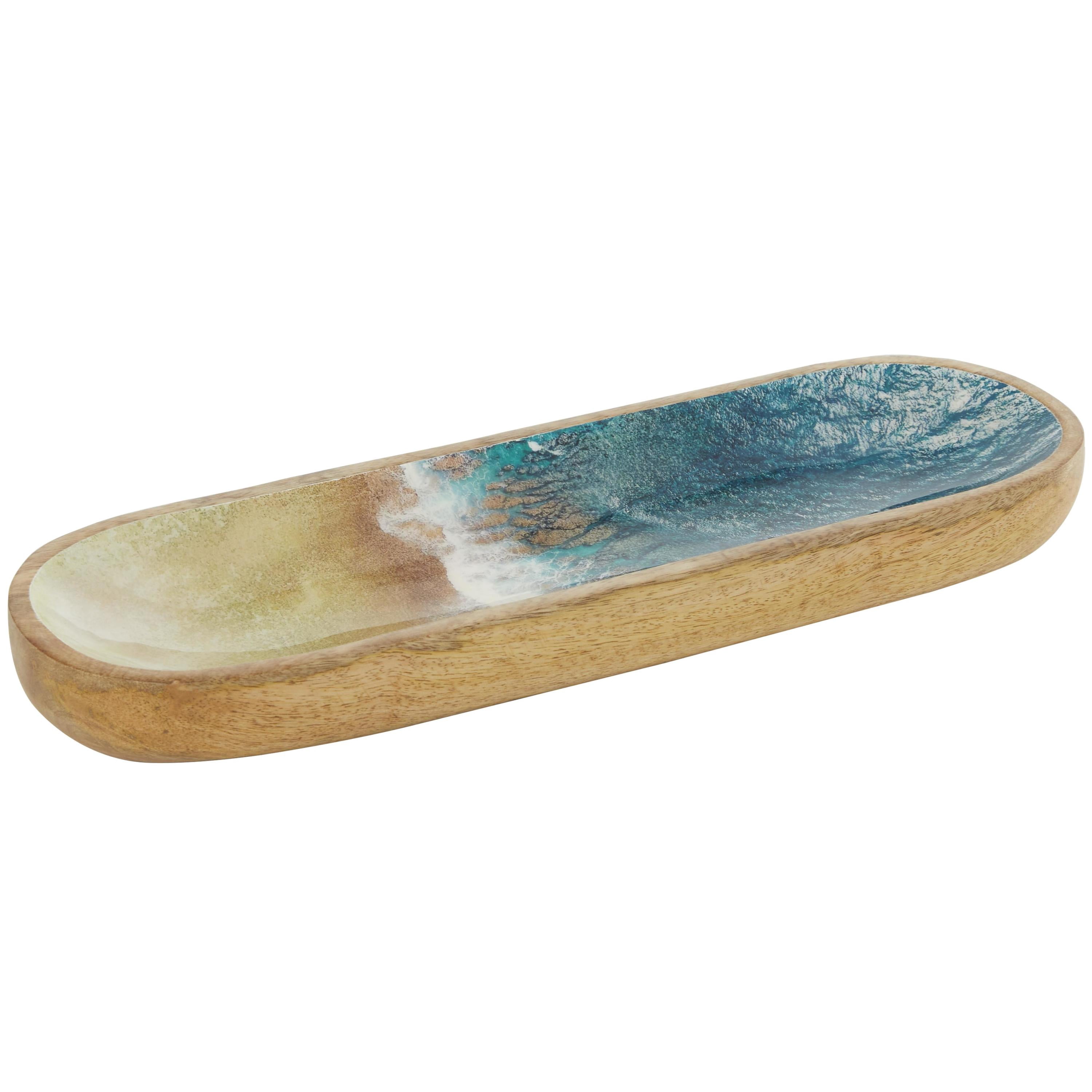 DecMode 16" x 6" Brown Mango Wood Handmade Ocean Inspired Tray with Colorful Enameled Interior, 1-Piece