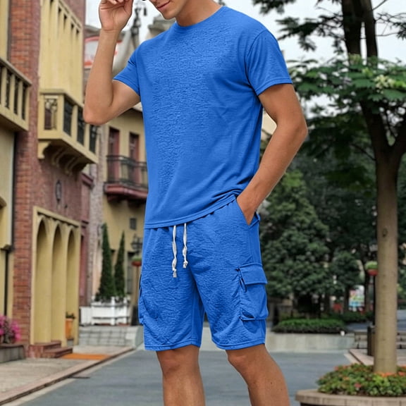 Mens 2 Piece Outfit Crew Neck Short Sleeve Ligjtweight Drawstring Shorts Summer Solid Color Set With Large Pockets Blue M