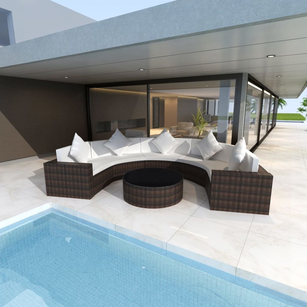 Kepooman 2 Pieces Outdoor Patio Rattan Half-Round Sofa Set with Glass Top Table, Brown