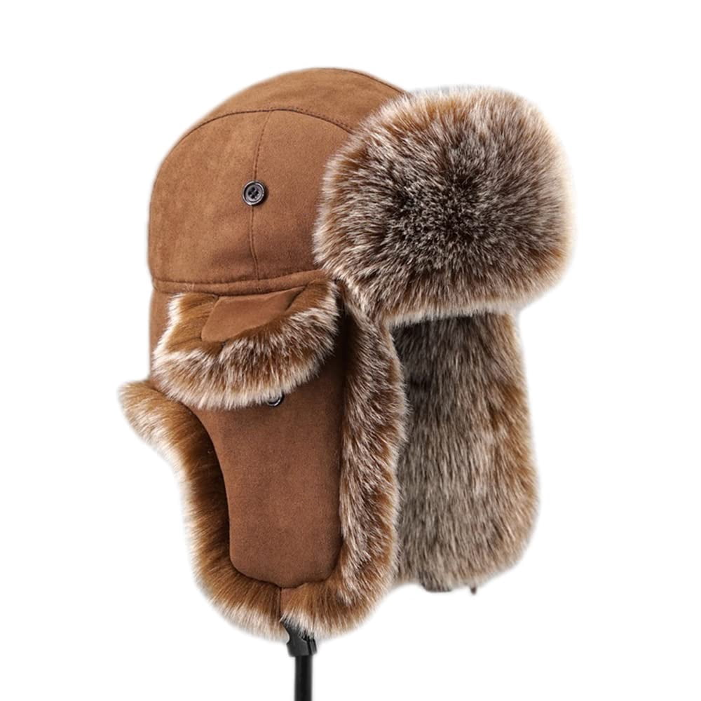 HYwys Men Winter Faux Fur Suede Leather Trapper Hat Cap Ski