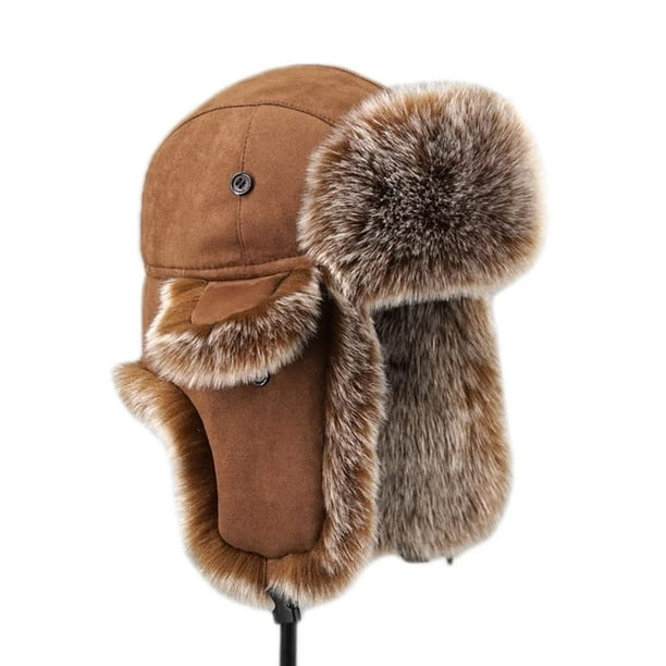 HYwys Men Winter Faux Fur Suede Leather Trapper Hat Cap Ski