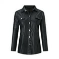 thumbnail image 5 of Honeeladyy Discount Faux Leather Shirt Top for Women Tight Lapel Long Sleeve Pockets Front Chest Single-Button Solid Color Blouse, 5 of 9