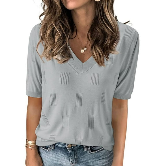 Women Spring Summer Short Sleeve Sweater Fashion Trendy Dressy Casual Outfit Versatile Knit Blouse Light Gray S