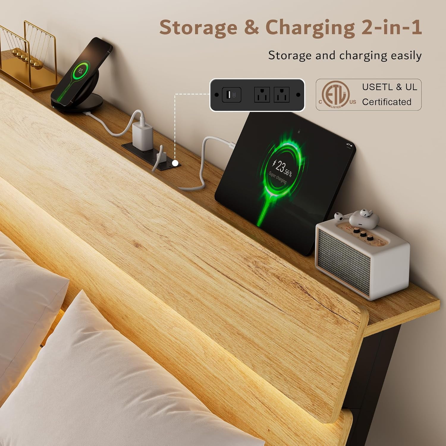 Galnfu Floating Full Size Bed Frame with LED Light and USB Port Charging Station, Platform Bed with Wooden Storage Headboard, Sturdy Steel Slats,Easy to Assemble, Oak
