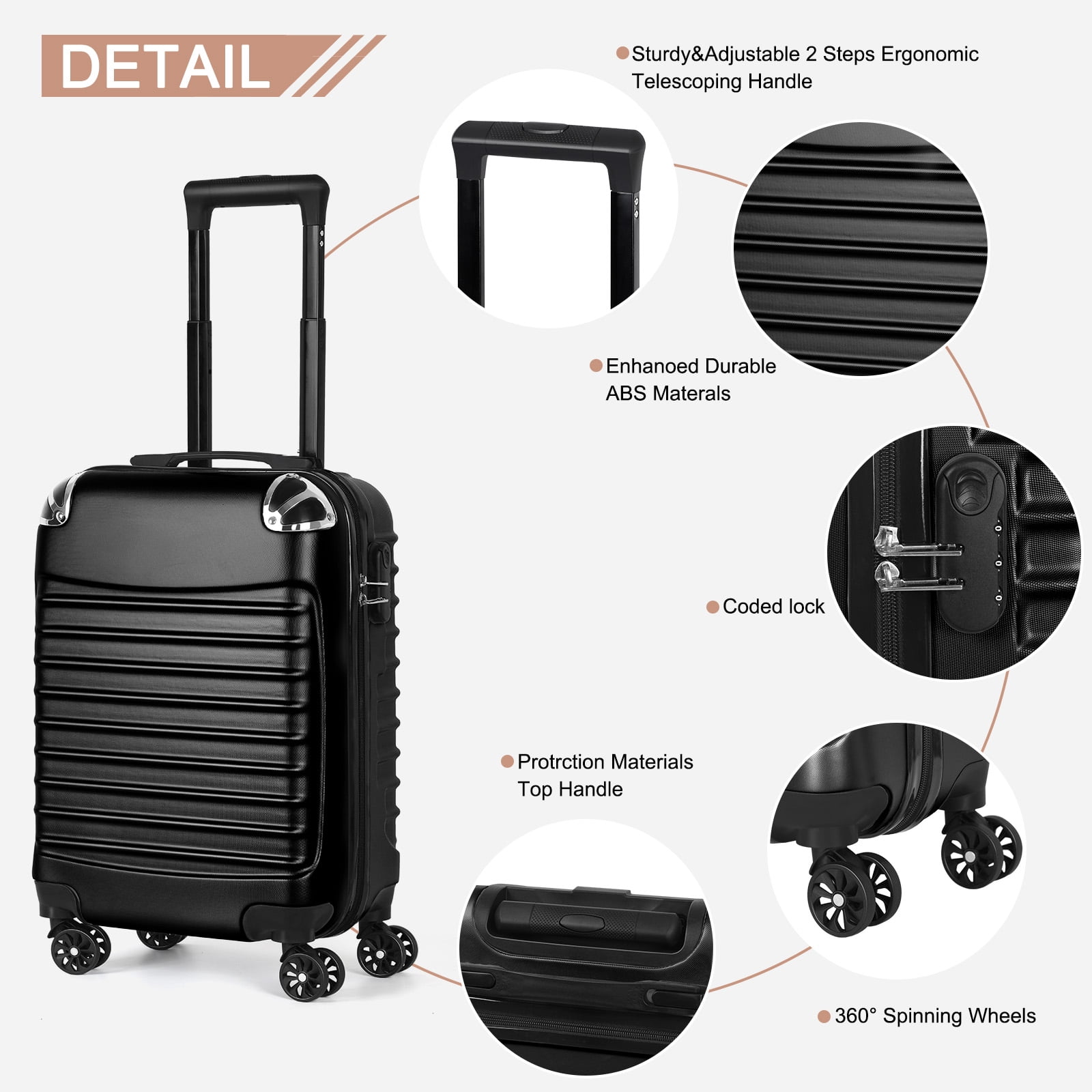 Carry On Luggage, 20" Hardside Suitcase ABS Spinner Luggage with Lock - Shell in Black