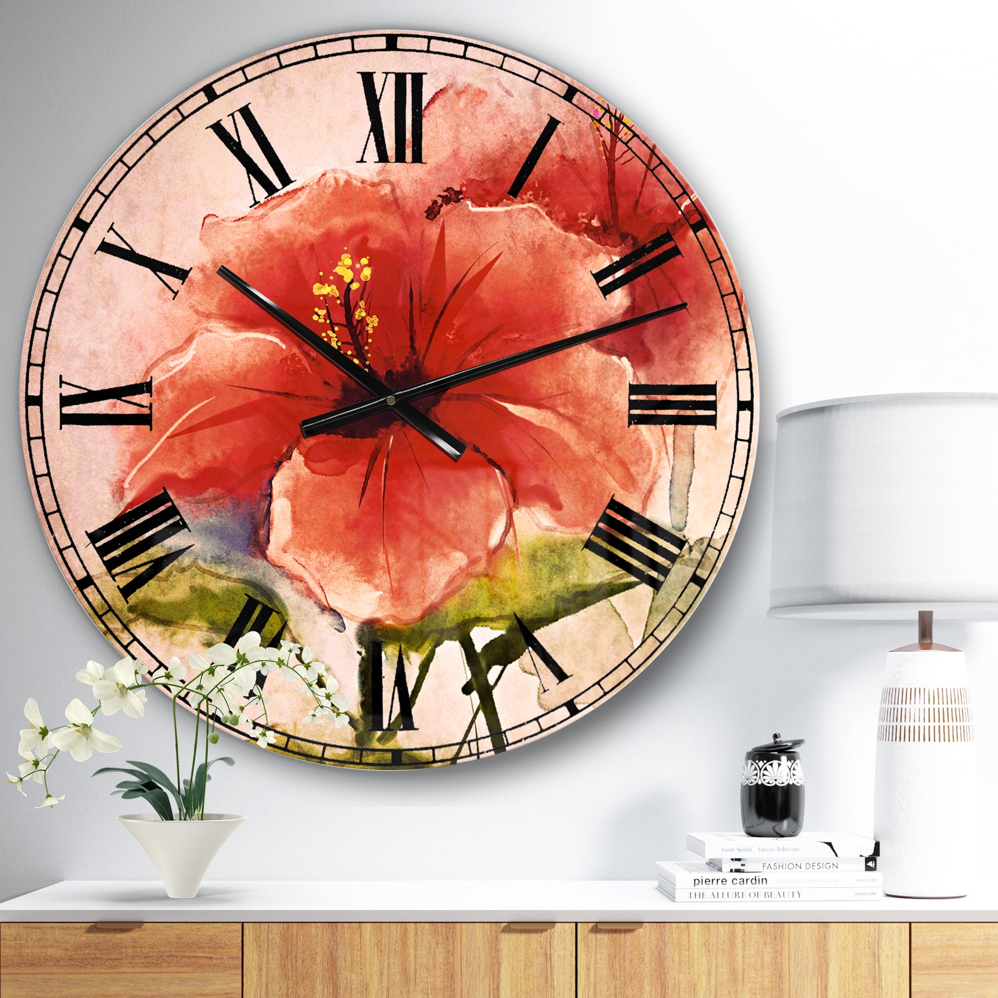 Designart 'Watercolor Painting Red Hibiscus Flower' Traditional wall clock