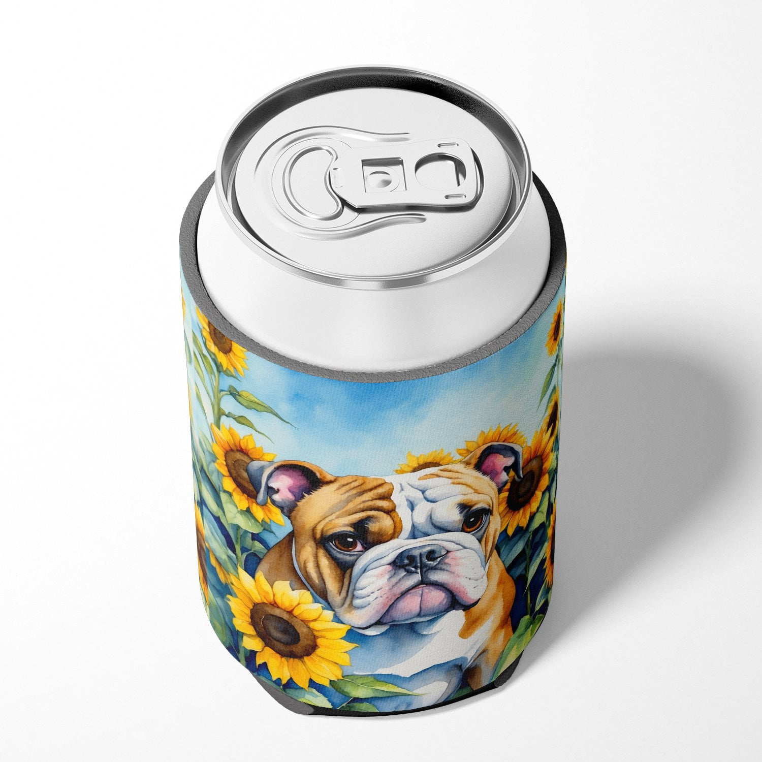 English Bulldog in Sunflowers Can or Bottle Hugger 3 in x 5 in