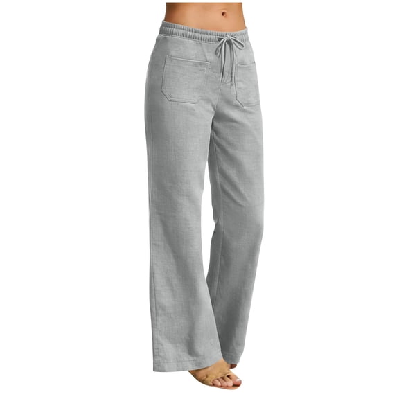 LNWUY Linen Pants for Women Summer Lounge Pants High Waisted Straight Leg Trouser with Pockets Beach Vacation Clothes Gray XXL