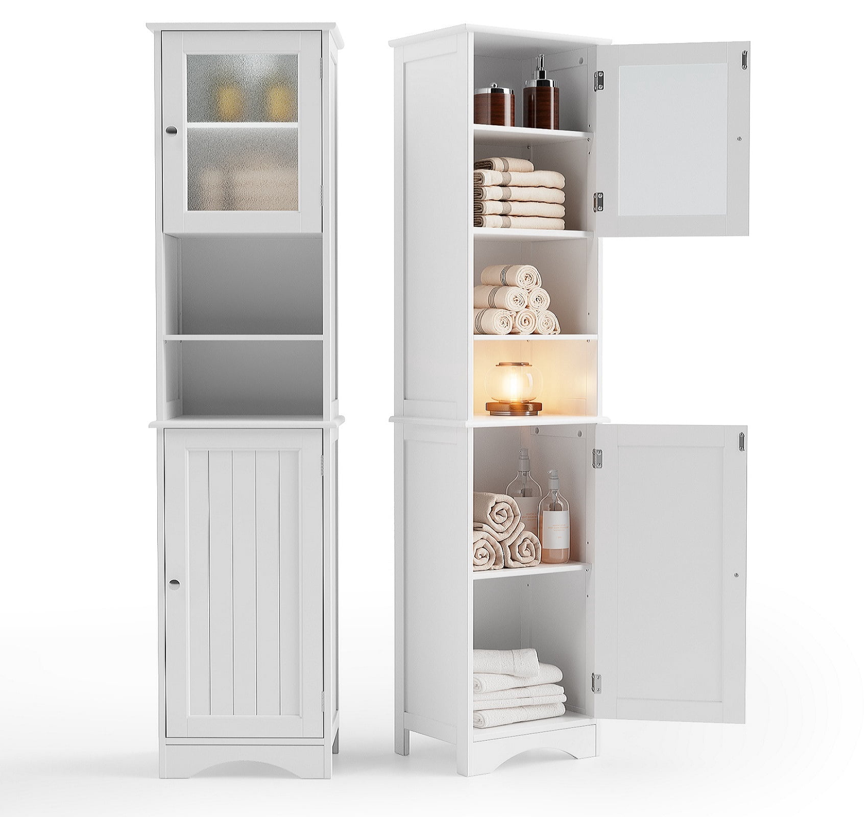 Lofka 67.1"H Wooden Bathroom Storage Cabinet with Transparent Glass Door and Adjustable Shelves for Living Room, White