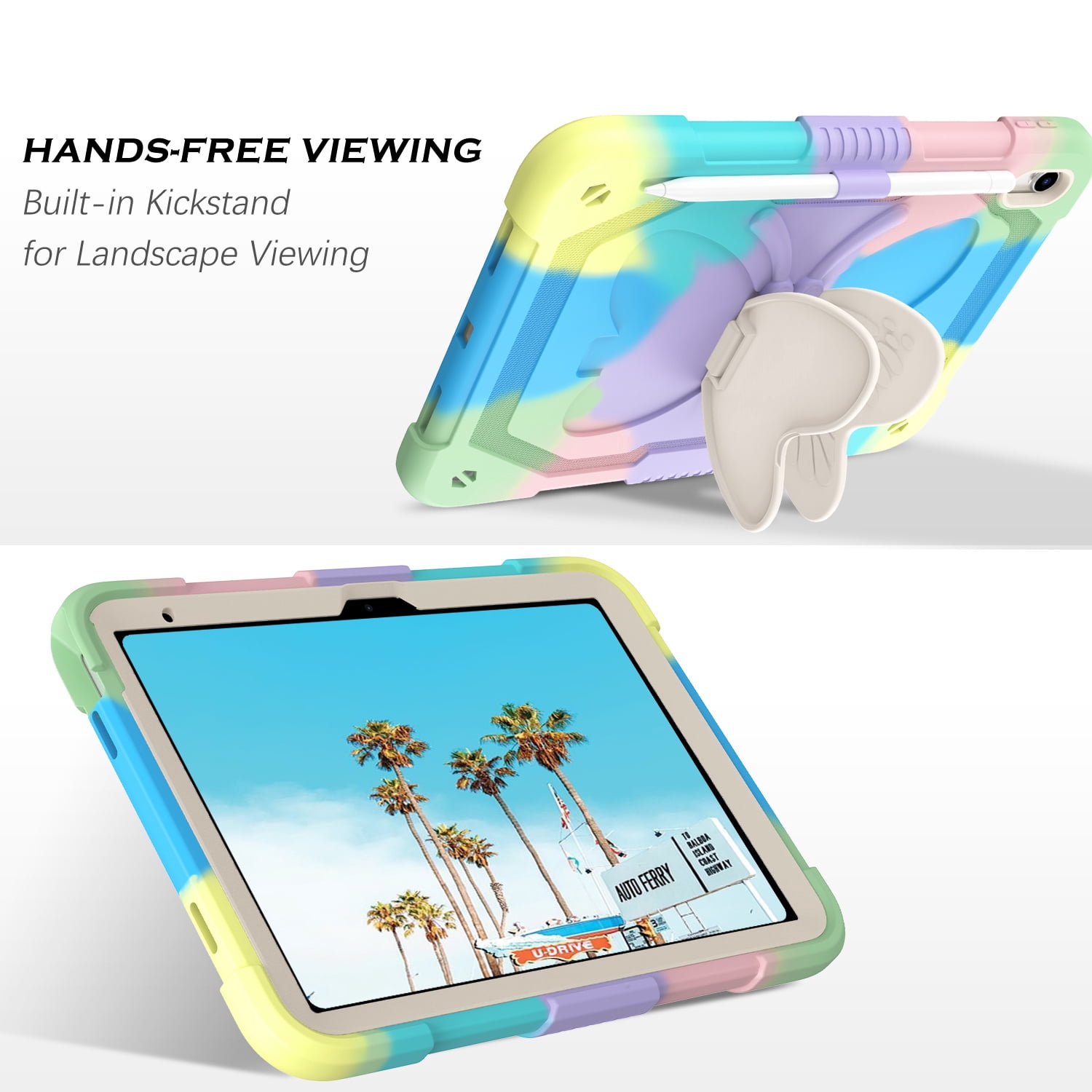 iPad 11 Case 2025 (11 inch) / iPad 10 Case 2022 (10.9 inch), DOMAVER Shockproof Protective Cover with Butterfly Wings Kickstand, Apple Pencil Holder, Kids Friendly Drop-Proof Design – Rainbow Green
