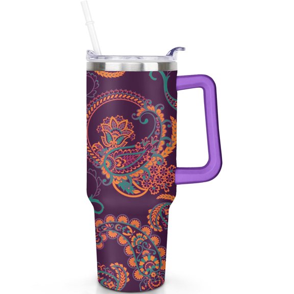 Durable 40oz Paisley Travel Mug with Handle and Leak Proof Flip Straw Lid, Vacuum Insulated Stainless Steel Tumbler Gift for Him Her