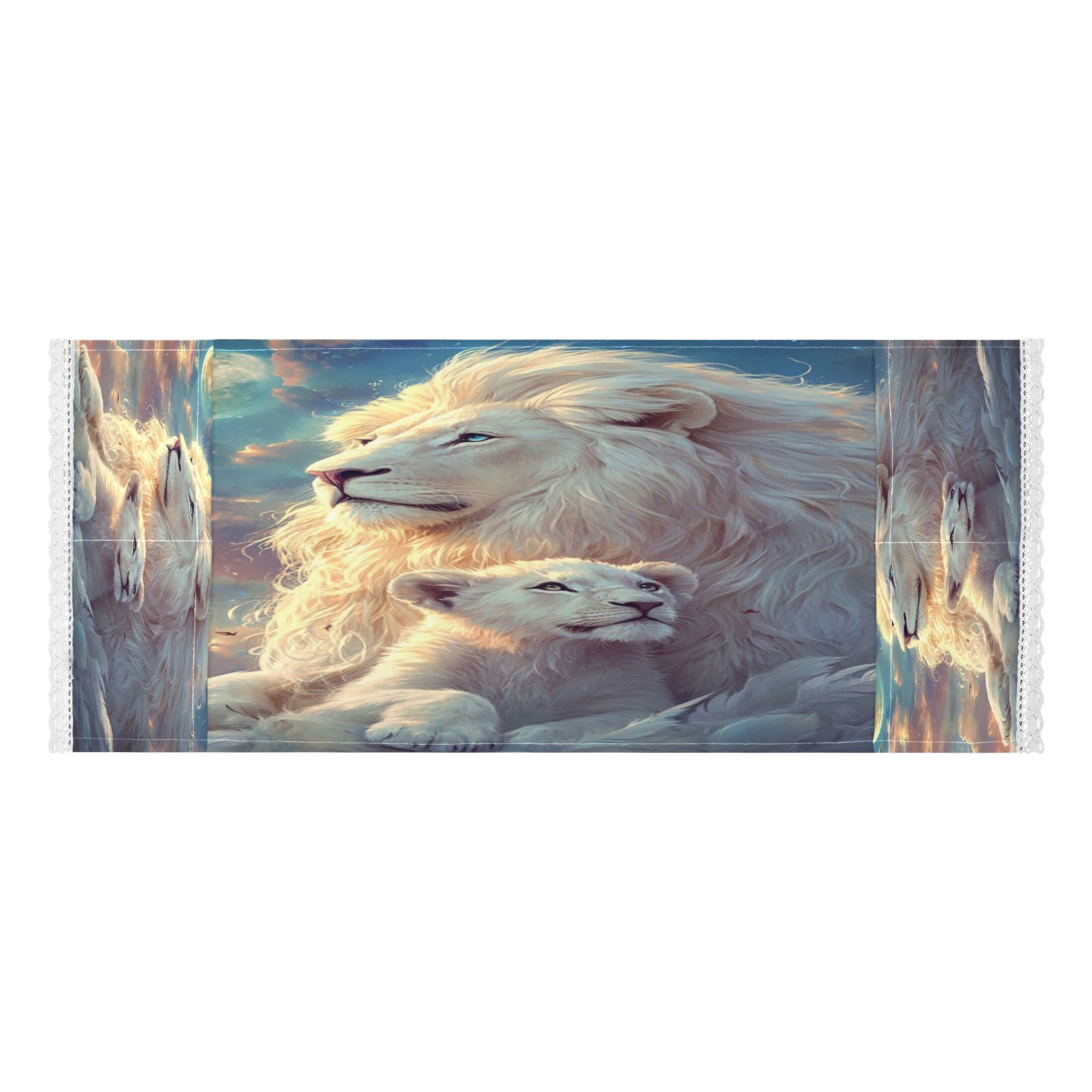 Washing Machine Cover 51.2x22in, Durable Polyester Dust Cover with Lace Trim and Side Pocket for Appliances White Maned Lions