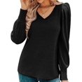 thumbnail image 2 of Women Sweaters Puff Long Sleeve V Neck Shirts Casual Tunic Tops Black M, 2 of 7