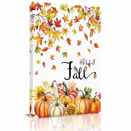 Canvas Wall Art Hello Fall Framed Canvas Prints for Bedroom Bathroom Orange Pumpkins Thanksgiving Maple Leaf Gallery Wrapped Wall Decor for Home Office Gifts 11 x14 Ship Next Day