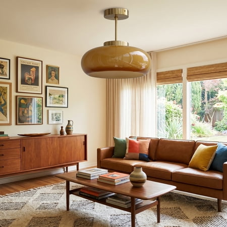LittleGlovo Mid-Century Modern Amber Glass Pendant Light Brass Ceiling Light