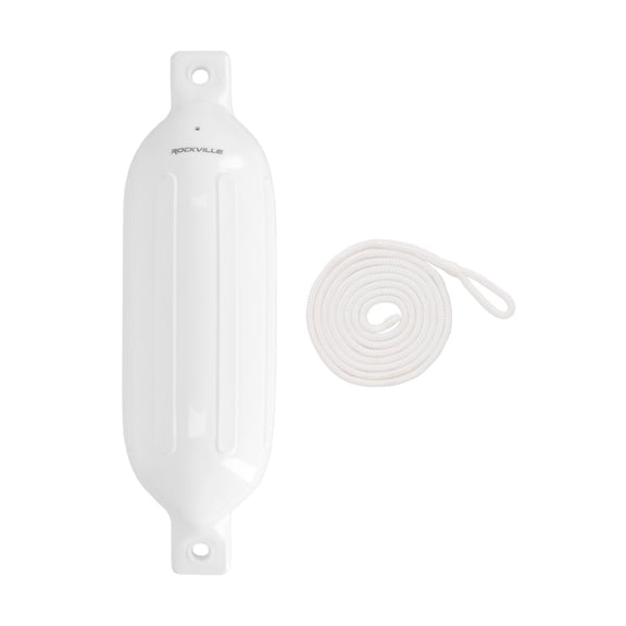 Rockville FEN165-WHITE 6.5in x 23in Boat Fender with 10ft Line, Marine Bumper, UV-Resistant PVC, Double Eyelets, White, 26-32ft Boats