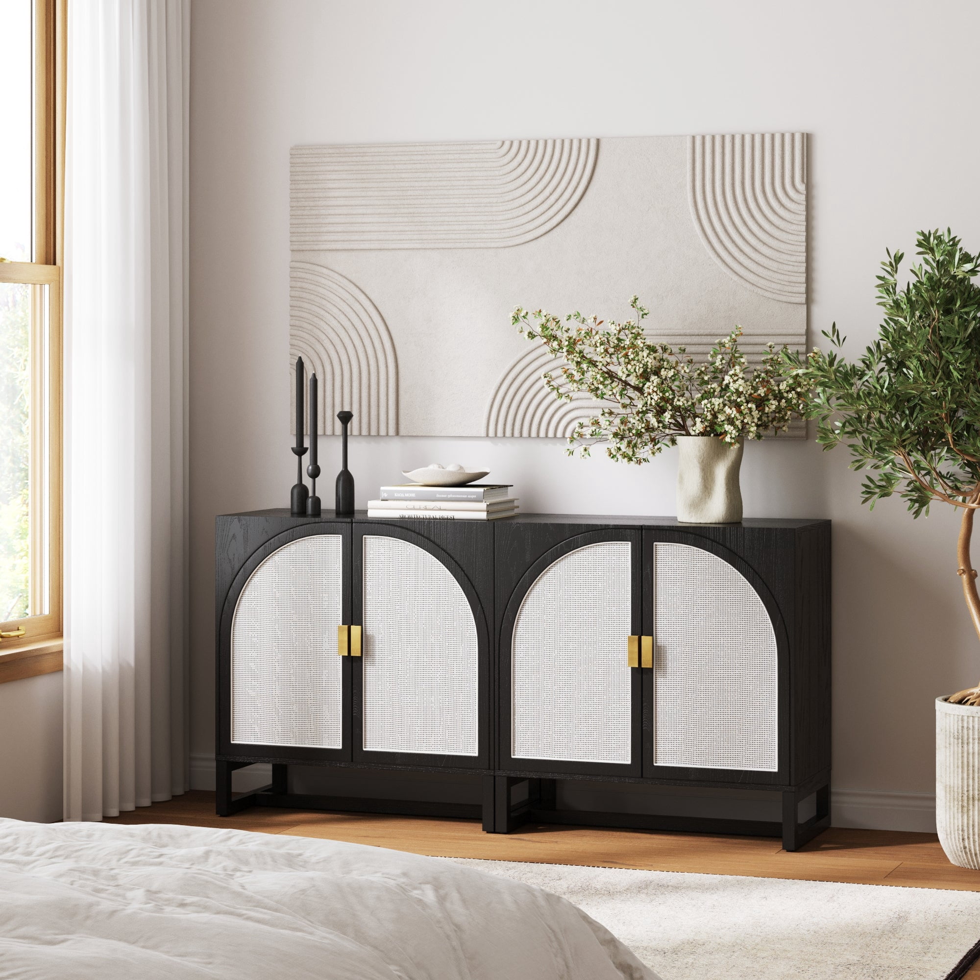 Nathan James Paxton Boho Wood Storage Cabinet with Doors, Small Storage Cabinet for Living Room or Kitchen with Rattan Door Details, Black Oak