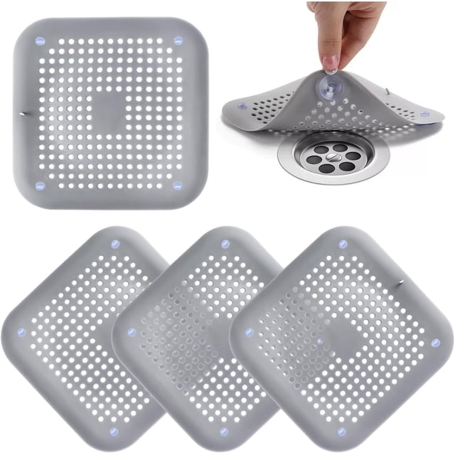 Filtro Multifuncional para Desagüe de Suelos, 4 Piezas, Captador de Pelo para Baño, Tapón de Silicona con Ventosa para Drenaje de Piso, Tapa Coladera Cuadrada Antiolores, Cocinas, Lavaderos, Balcones