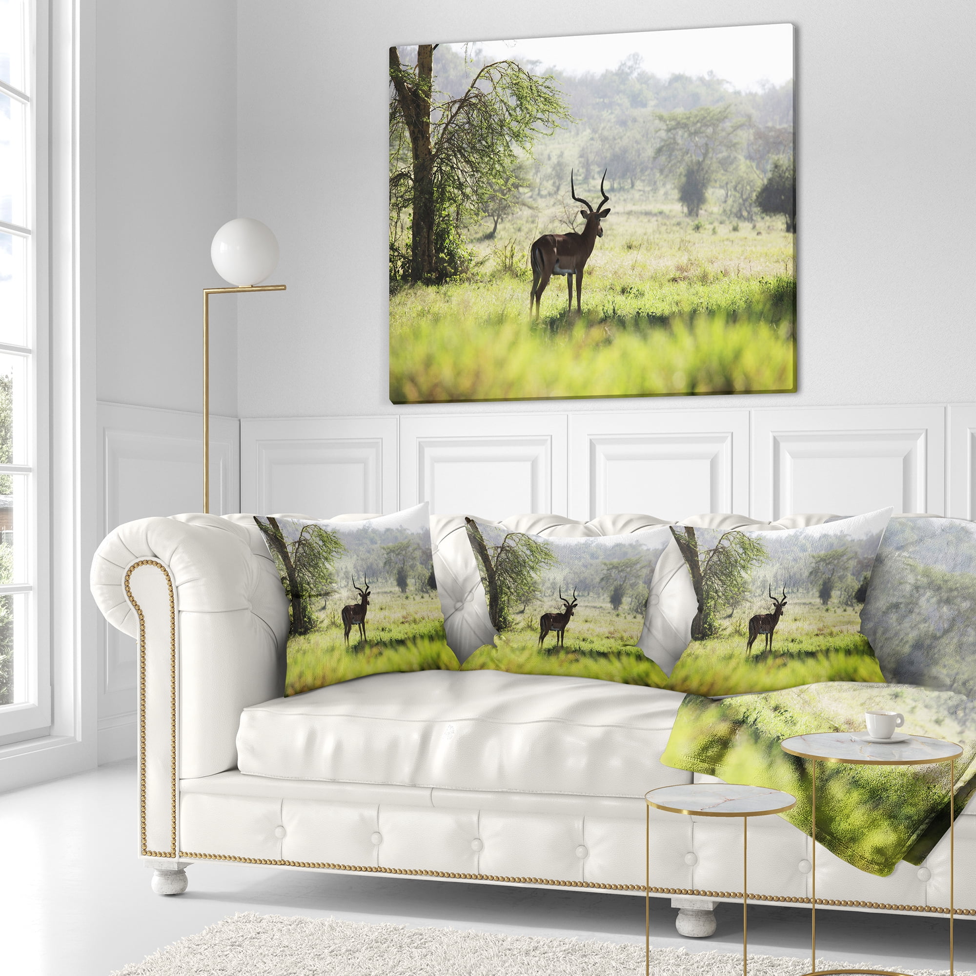 Designart Solitary Antelope in Green Park - African Landscape Printed Throw Pillow - 18x18