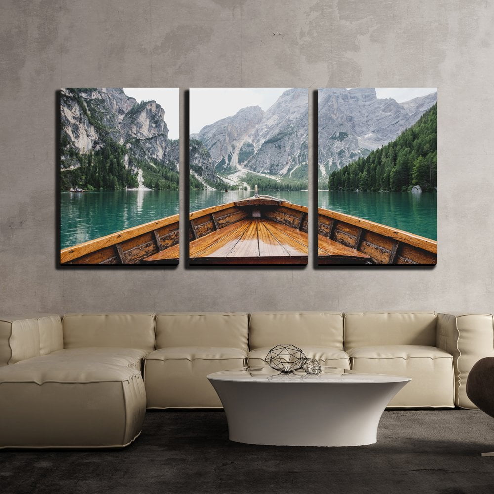 Wall26 3 Piece Canvas Wall Art Boat Cruising a Mountain Lake Modern