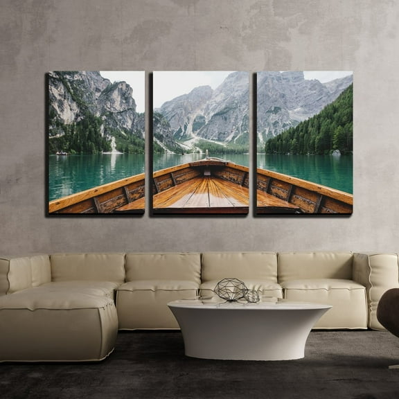 wall26 Canvas Print Wall Art Boat View of Green Mountain Lake Nature Wilderness Photography Modern Art Rustic Scenic Relax/Calm Multicolor for Living Room, Bedroom, Office - 24"x36"x3