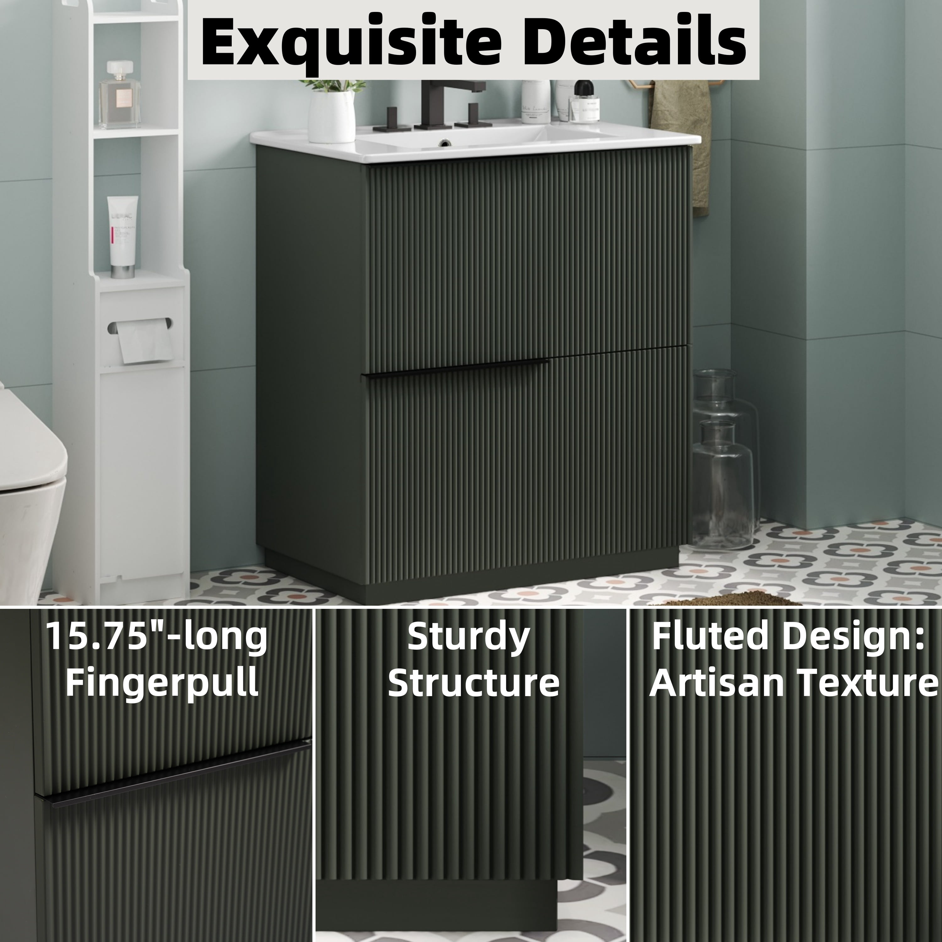 Euroco 30" Bathroom Vanity with Ceramic Sink and Full-Extension Drawers, Soft Close Undermount Drawer Slides, Fluted Design, Green