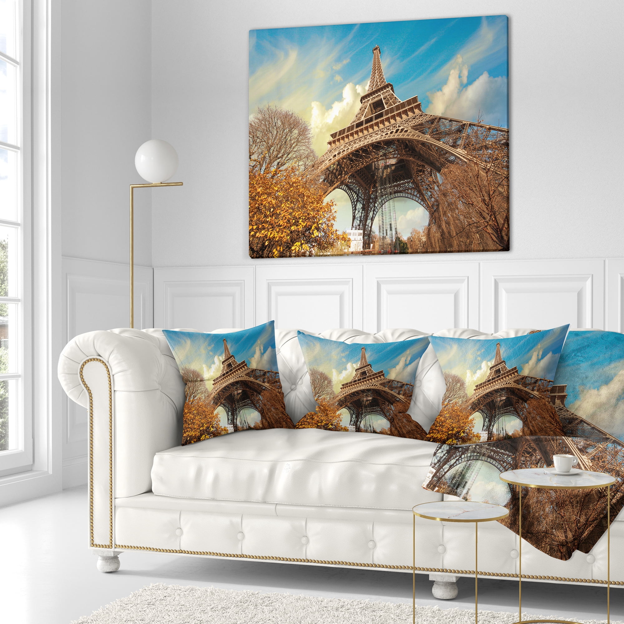 Designart Eiffel with Winter Vegetation - Skyline Photography Throw Pillow - 16x16