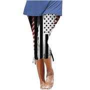 CZHJS Womens Boho Capris Star Striped American Flag Printing High Waist Summer Beach Pants Comfy Compression Pants Pencil Pants Hiking Pants for Ladies Black S