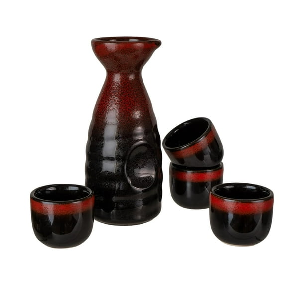 Urban Tokyo Japanese Sake 5 Piece Set Include 1 Sake Bottle and 4 Cups for Hot or Cold Sake Home or Restaurant Use Reactive Glazed Ceramic (Black and Red)