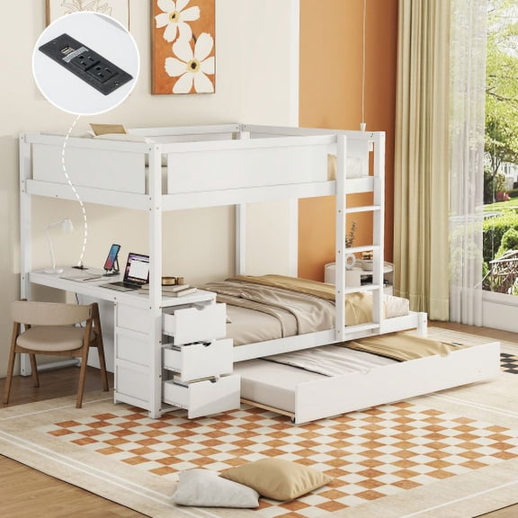 Full-Over-Full Bunk Bed with Twin Trundle, Built-in Desk and Drawers, Solid Wood Storage Staircase for Guest Room Bedroom, White